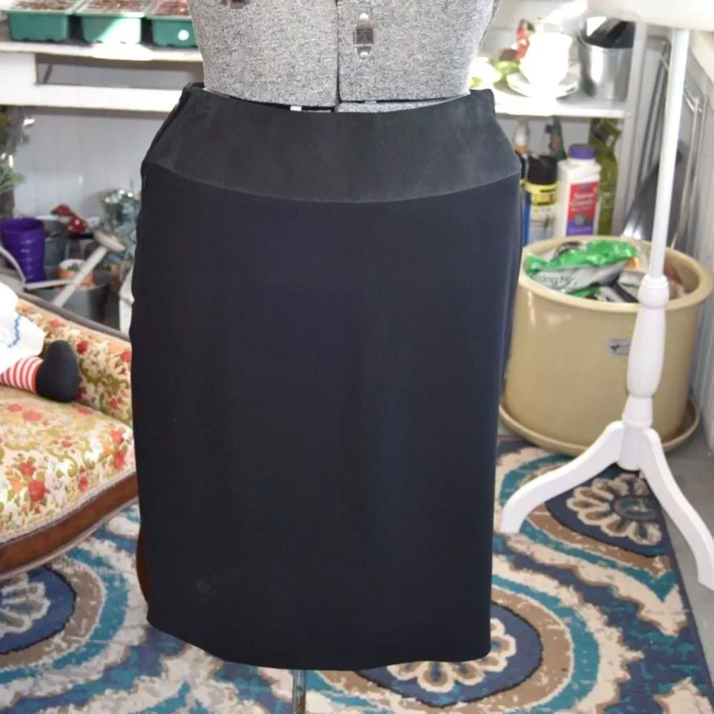 Y2K Les Prairies De Paris Black Pencil Skirt Faux Leather Waist 34x40 L